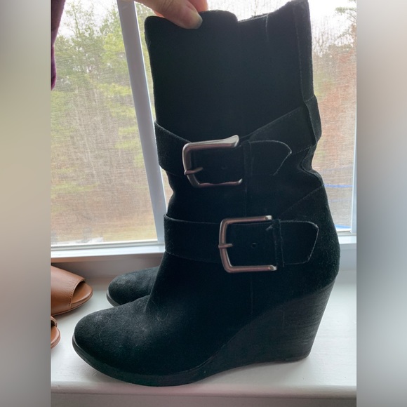 Very Volatile Black Suede mid calf wedge boots with buckles - Picture 2 of 3